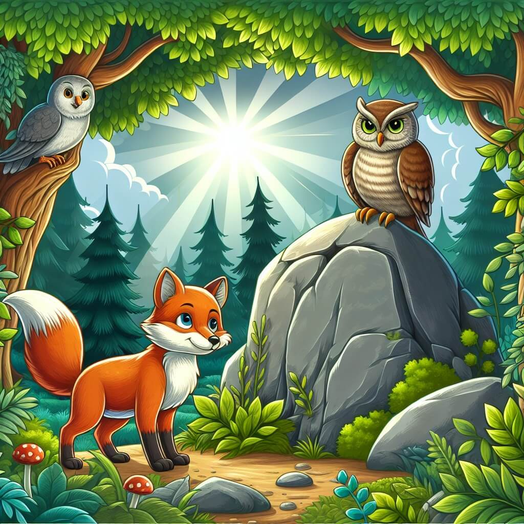 Une illustration destinée aux enfants représentant un renard curieux, se tenant devant un majestueux rocher dans un mystérieux bosquet enchanté, accompagné d'une sage chouette, dans un décor de verdure luxuriante, avec des rayons de soleil filtrant à travers les feuilles.
