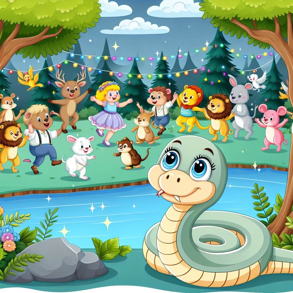 Une illustration destinée aux enfants représentant un serpent curieux, émerveillé par une fête animée dans une forêt enchantée, où des animaux joyeux dansent et jouent parmi les arbres majestueux et un lac scintillant.