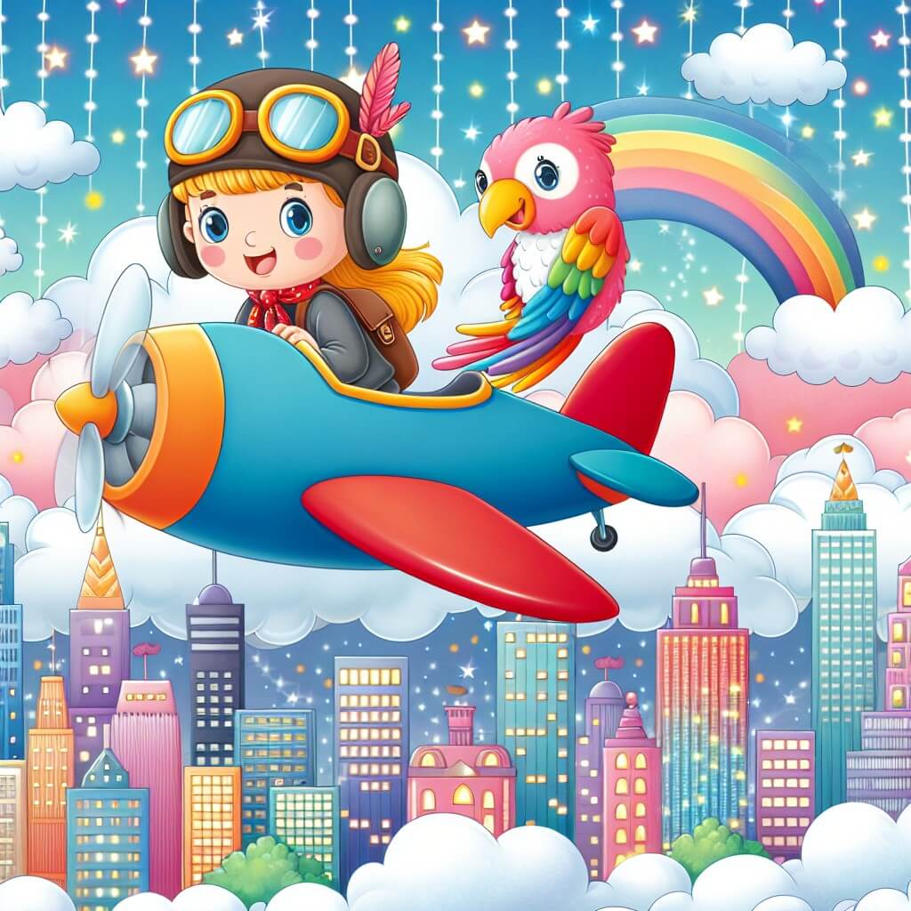 Une illustration destinée aux enfants représentant une jeune femme pilote d'avion, accompagnée de son inséparable perroquet, survolant un ciel éclatant de couleurs au-dessus d'une ville animée, avec des gratte-ciel étincelants et des nuages moelleux.