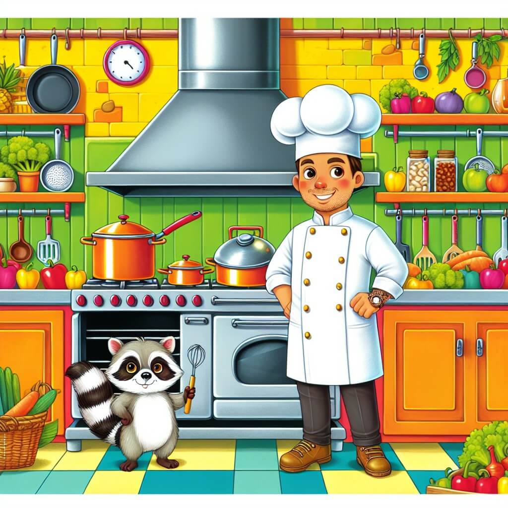 Une illustration destinée aux enfants représentant un chef cuisinier passionné, debout devant un grand fourneau en acier brillant, avec un petit raton laveur espiègle à ses côtés, dans une cuisine colorée remplie d'ustensiles de cuisine et d'ingrédients frais, avec des murs peints en jaune vif et des étagères remplies de pots et de casseroles en cuivre étincelant.