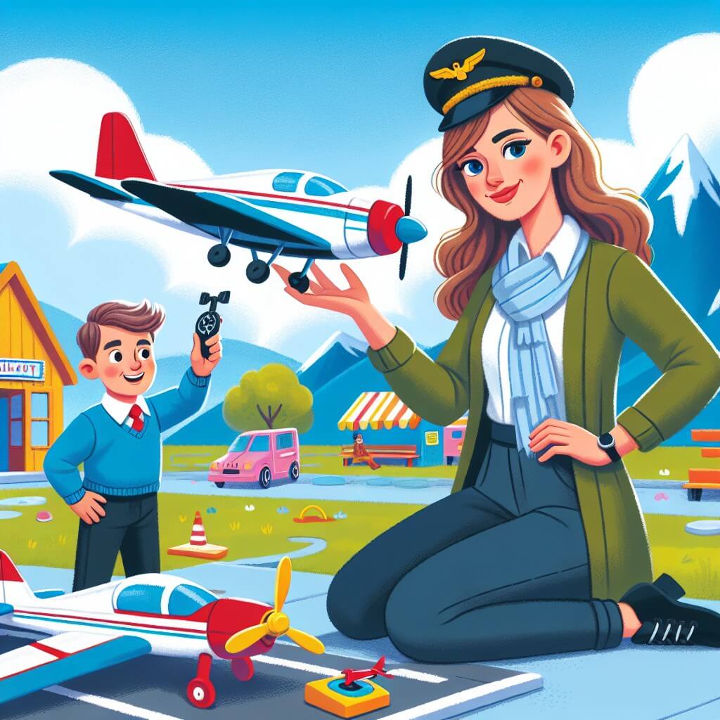 Une illustration destinée aux enfants représentant une jeune femme passionnée par les avions, rêvant de devenir pilote, accompagnée d'un sympathique instructeur, dans un parc d'attractions coloré avec un petit avion en miniature et des montagnes en arrière-plan.