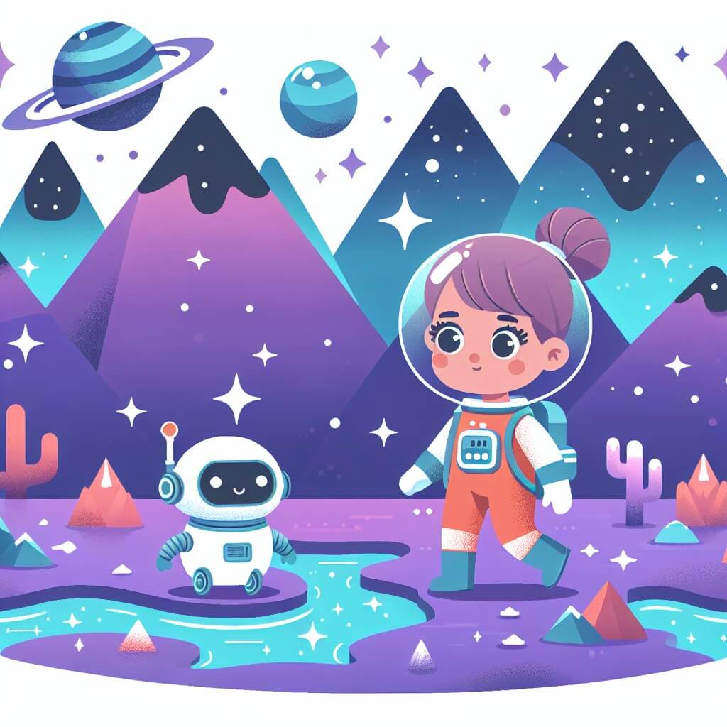 Une illustration destinée aux enfants représentant une astronaute courageuse et déterminée, accompagnée d'un petit robot, explorant un paysage extraterrestre aux montagnes violettes et aux lacs scintillants d'un bleu éclatant.
