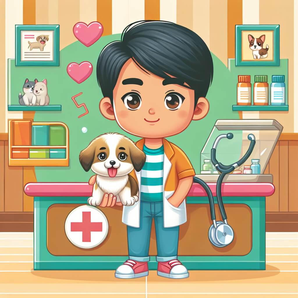 Une illustration destinée aux enfants représentant un jeune homme passionné par les animaux, se trouvant dans une clinique vétérinaire colorée et chaleureuse, accompagné d'un adorable chiot blessé, prêt à recevoir les soins nécessaires pour guérir.