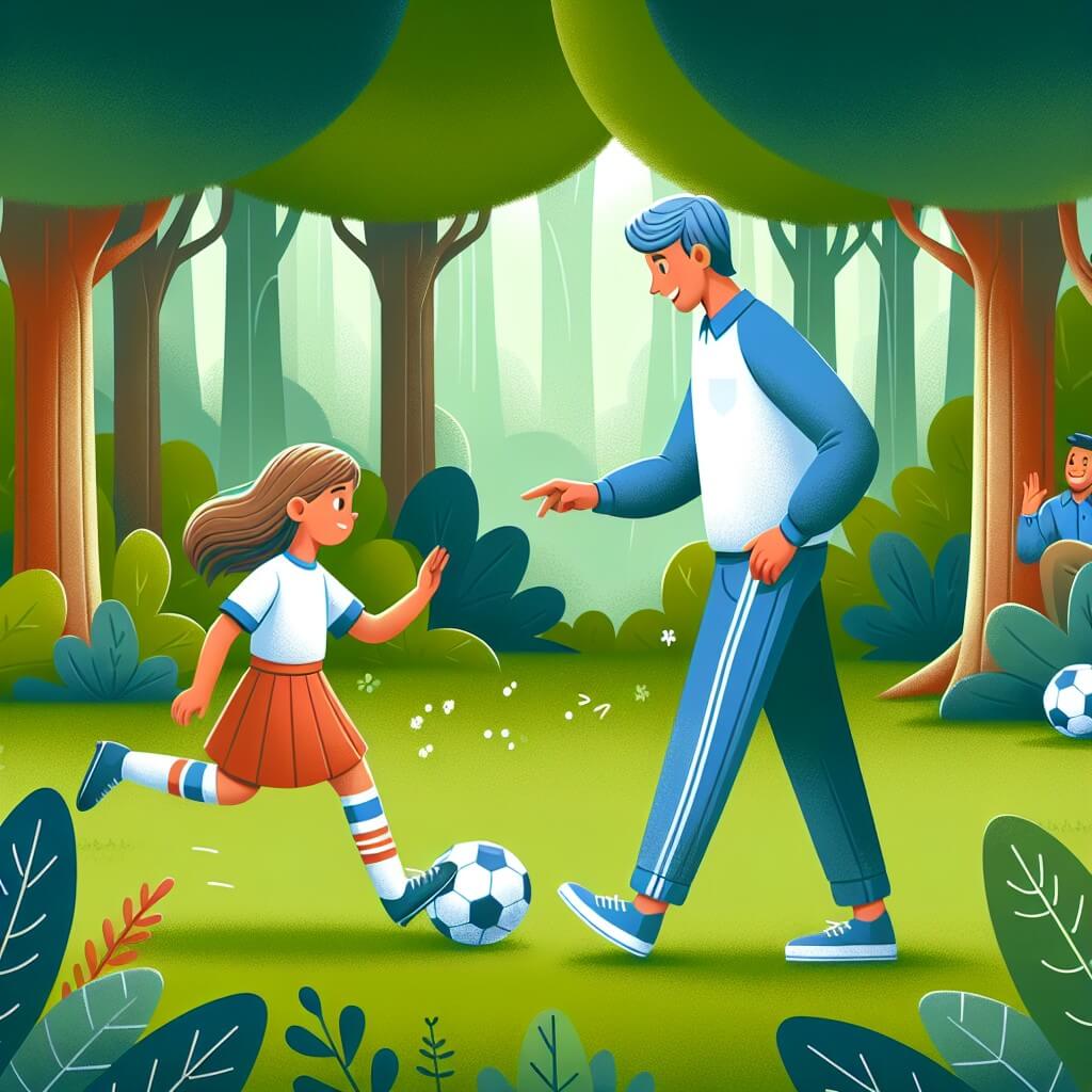 Une illustration destinée aux enfants représentant une jeune femme passionnée de football, jouant avec un ballon dans un parc verdoyant entouré de grands arbres, tandis qu'un entraîneur bienveillant la remarque et lui offre une chance de réaliser son rêve en rejoignant son équipe de football.