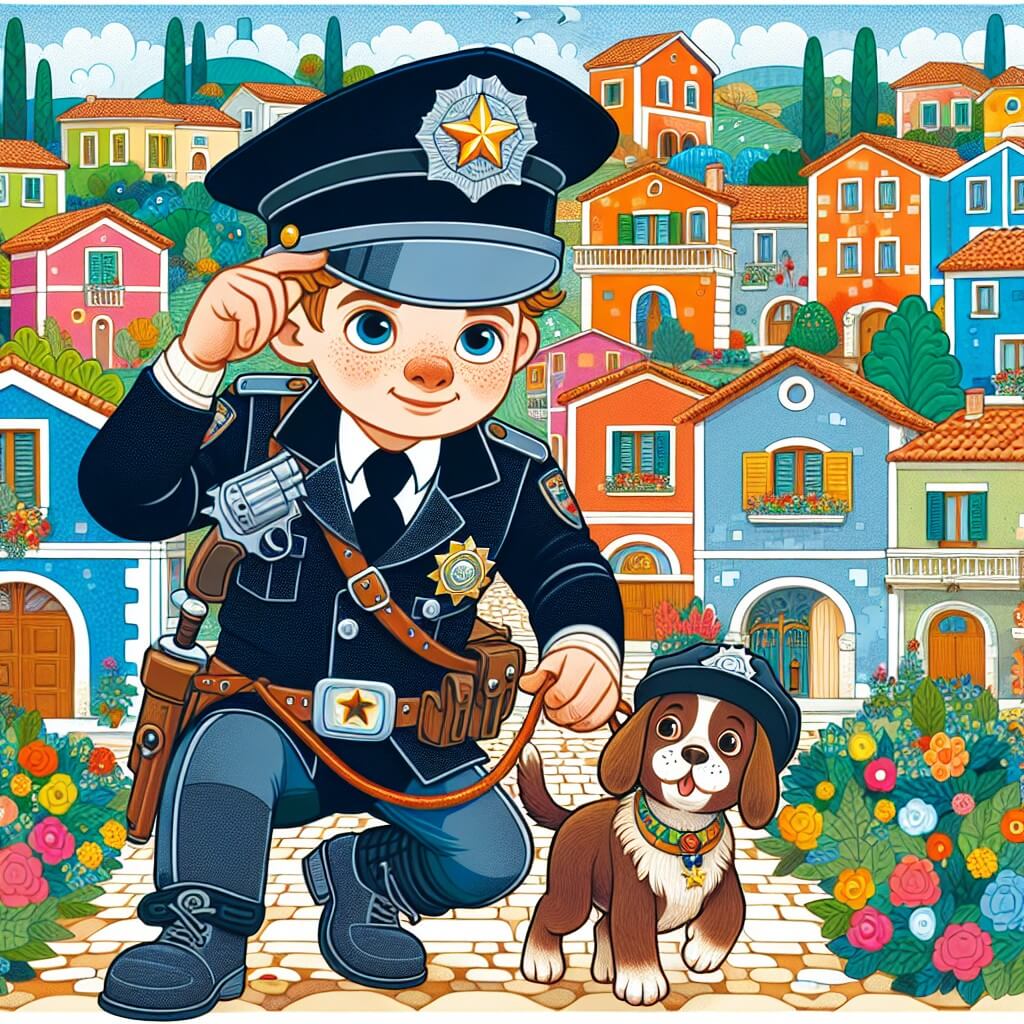 Une illustration destinée aux enfants représentant un courageux policier, vêtu d'une élégante uniforme bleue foncé avec un cappello orné d'une étoile, sauvant un chien perdu dans les rues colorées et animées d'Arcobaleno, un petit village pittoresque avec des maisons aux façades colorées et des arbres en fleurs.