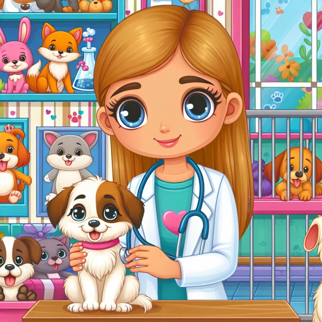 Une illustration destinée aux enfants représentant une femme vétérinaire passionnée des animaux, s'occupant d'un adorable chiot blessé, dans une clinique vétérinaire colorée et animée remplie d'animaux joyeux.