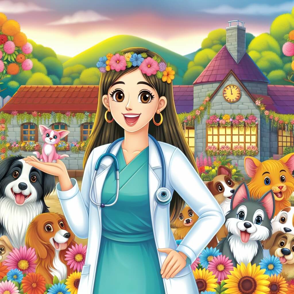 Une illustration destinée aux enfants représentant une jeune femme vétérinaire passionnée, accompagnée d'une joyeuse bande d'animaux, dans une clinique colorée et chaleureuse, entourée de fleurs et d'arbres verdoyants, située au cœur d'un paisible village.
