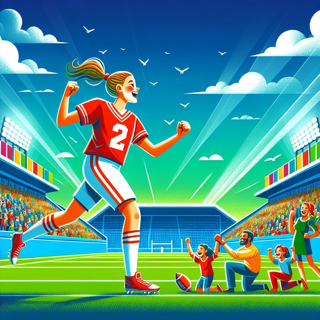 Une illustration destinée aux enfants représentant une joueuse de football passionnée, entourée de ses amis et de son entraîneur, sur un magnifique terrain de football verdoyant avec des tribunes colorées et un ciel bleu éclatant.