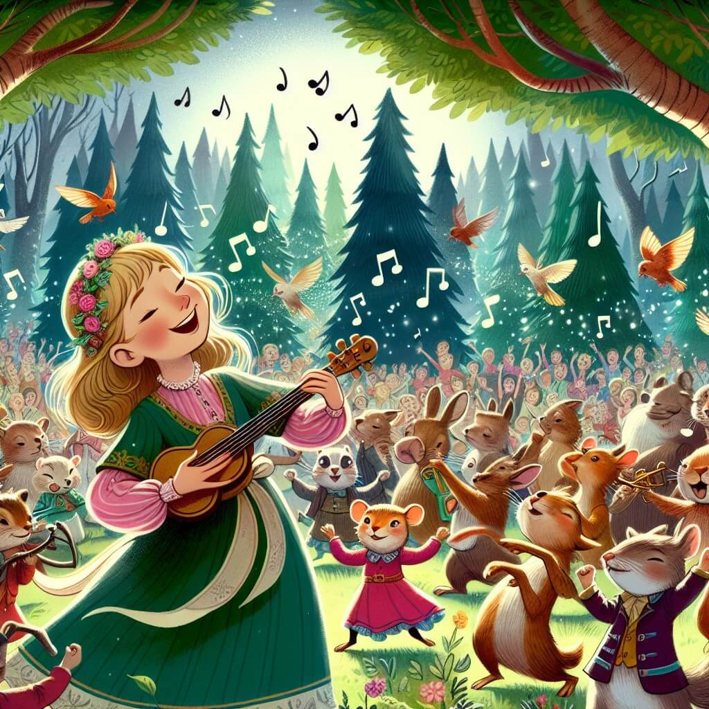 Une illustration destinée aux enfants représentant une jeune femme passionnée de musique, entourée d'une joyeuse foule d'animaux musiciens, dans un magnifique jardin enchanté où les arbres dansent au rythme de sa mélodie.