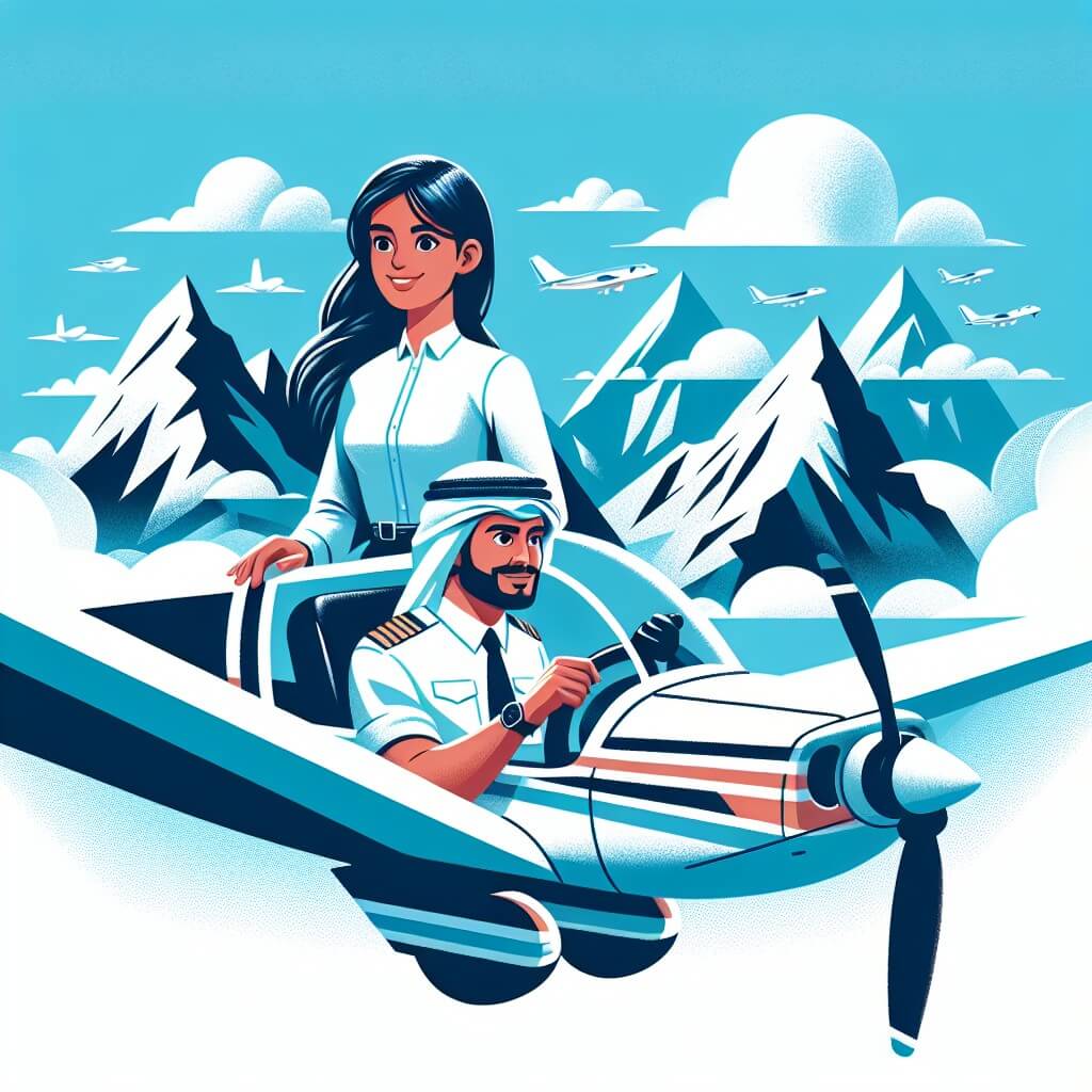 Une illustration destinée aux enfants représentant une jeune femme passionnée par les avions, accompagnée d'un pilote expérimenté, survolant des montagnes majestueuses dans un ciel bleu azur, depuis le cockpit d'un petit avion blanc.