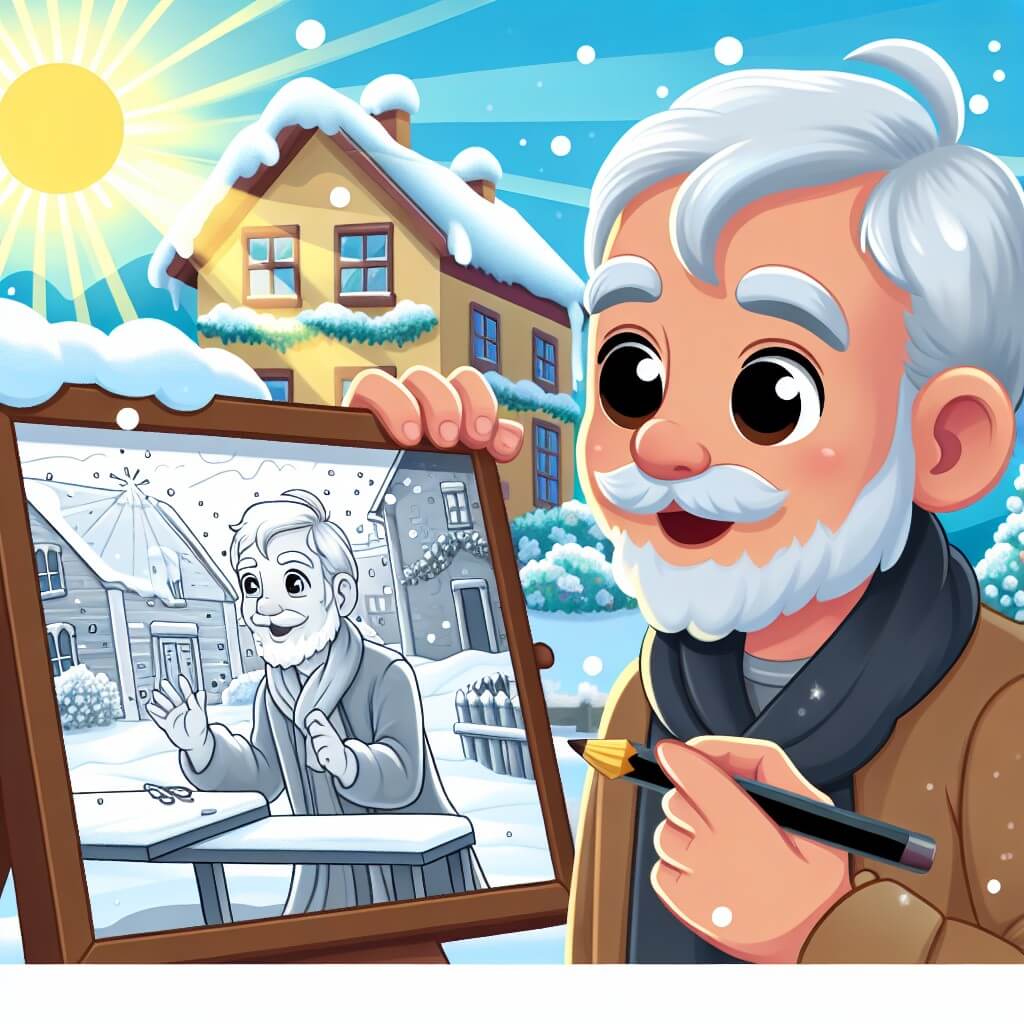 Une illustration destinée aux enfants représentant un homme aux cheveux gris, les yeux brillants de sagesses, qui découvre un dessin abandonné d'un pupitre de neige dans la pittoresque ville ensoleillée de Rivertown.