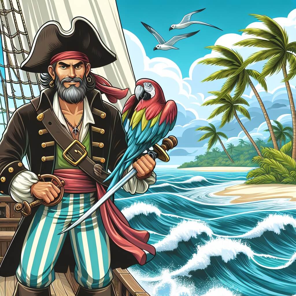 Une illustration destinée aux enfants représentant un intrépide capitaine pirate, se tenant fièrement sur le pont de son navire, accompagné de son fidèle perroquet, naviguant à travers des vagues tumultueuses, vers une île tropicale luxuriante, avec des palmiers se balançant au vent et une plage de sable blanc scintillant sous le soleil.