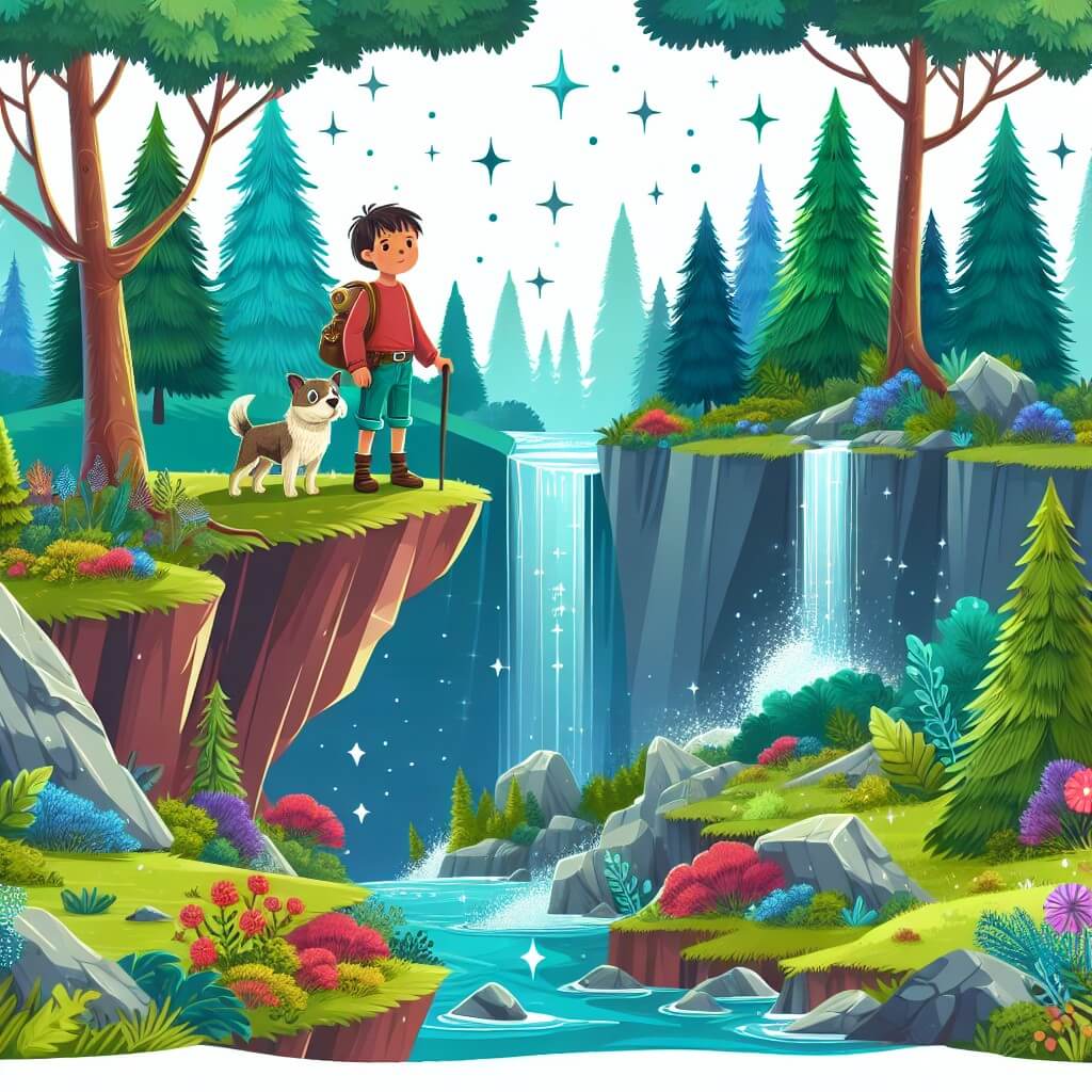 Une illustration destinée aux enfants représentant un jeune garçon intrépide se tenant debout sur une falaise escarpée, accompagné de son fidèle chien, explorant une forêt enchantée remplie d'arbres majestueux aux couleurs vives et de cascades scintillantes.