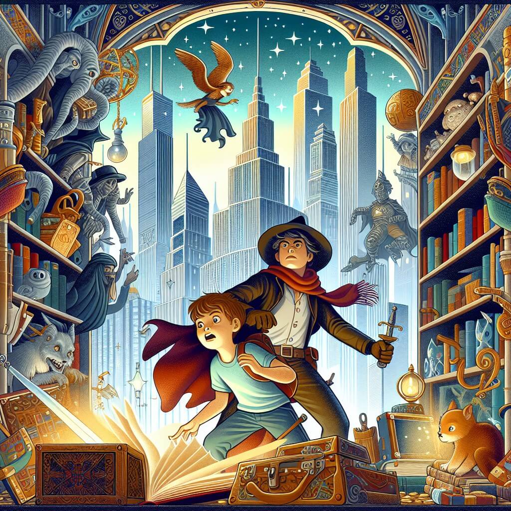 Une illustration destinée aux enfants représentant un jeune garçon intrépide, plongé dans une aventure captivante au cœur d'une cité moderne, où les gratte-ciels s'élèvent comme des géants de béton, accompagné d'un mystérieux gardien de trésor, dans une bibliothèque secrète remplie de créatures magiques et d'objets enchantés.