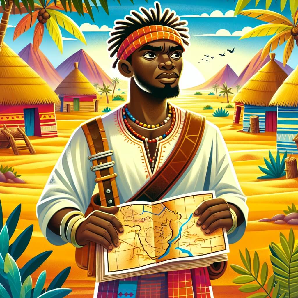 Une illustration destinée aux enfants représentant un homme courageux, se tenant debout dans un village africain pittoresque, entouré de huttes colorées et de palmiers, tandis qu'il tient une carte mystérieuse et regarde vers l'horizon du désert des sables dorés.