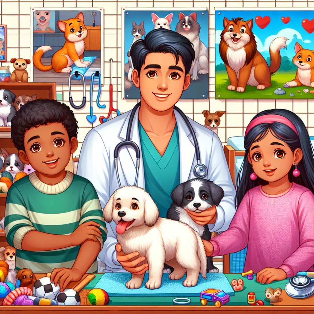 Une illustration destinée aux enfants représentant un vétérinaire passionné et bienveillant, accompagné d'un jeune garçon et d'une fillette, dans une clinique vétérinaire colorée remplie de jouets et de posters d'animaux heureux, où ils prennent soin d'animaux malades et blessés pour les guérir et les rendre à nouveau heureux.