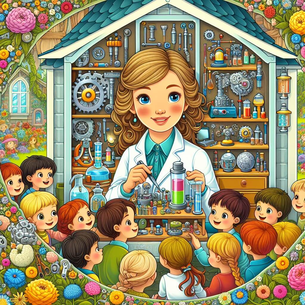 Une illustration destinée aux enfants représentant une inventrice talentueuse, entourée d'enfants curieux, dans son laboratoire rempli d'objets colorés et de machines étranges, situé dans une charmante petite maison entourée d'un magnifique jardin fleuri.