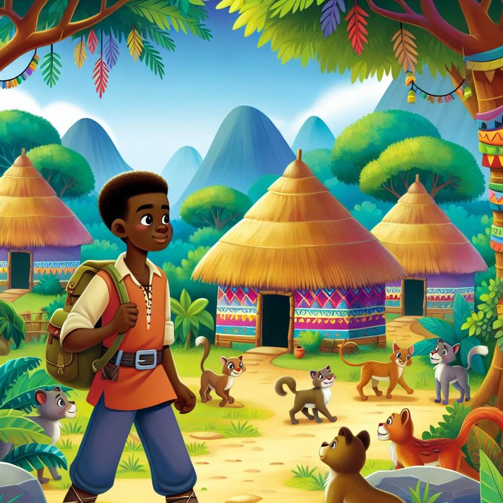 Une illustration destinée aux enfants représentant un jeune homme courageux, se trouvant dans un village africain entouré de huttes colorées, qui embarque sur une barque mystérieuse pour un voyage extraordinaire à travers une jungle luxuriante où il rencontre des animaux parlants et découvre un trésor caché.