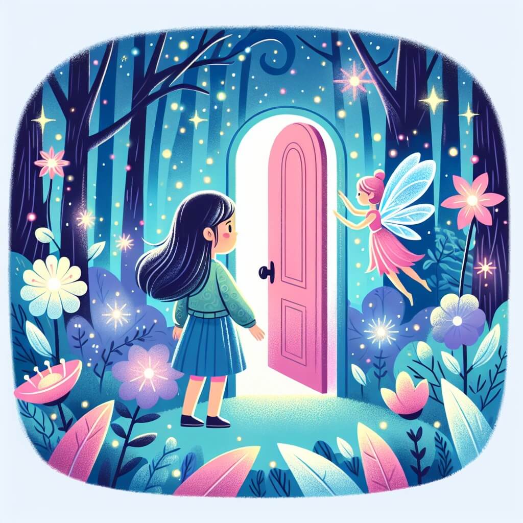 Une illustration destinée aux enfants représentant une jeune fille curieuse et rêveuse, se tenant devant une porte magique dans une forêt enchantée remplie de fleurs lumineuses, où elle rencontre une petite fée qui l'invite à un voyage à travers des mondes fantastiques et mystérieux.