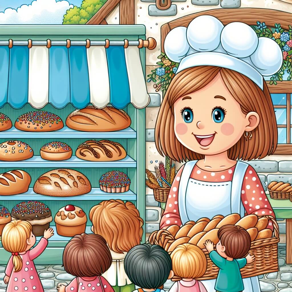 Une illustration destinée aux enfants représentant une boulangère souriante, entourée de petits pains et de gâteaux colorés, dans sa charmante boulangerie située au cœur d'un village pittoresque, où les enfants viennent apprendre les secrets de la panification.