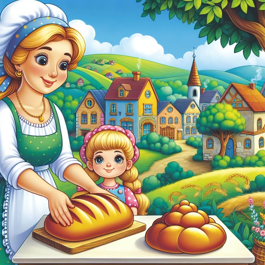 Une illustration destinée aux enfants représentant une boulangerie enchantée, où une femme douce et souriante prépare de délicieux pains dorés, accompagnée d'une petite fille curieuse, dans un village pittoresque entouré de collines verdoyantes et de maisons colorées.