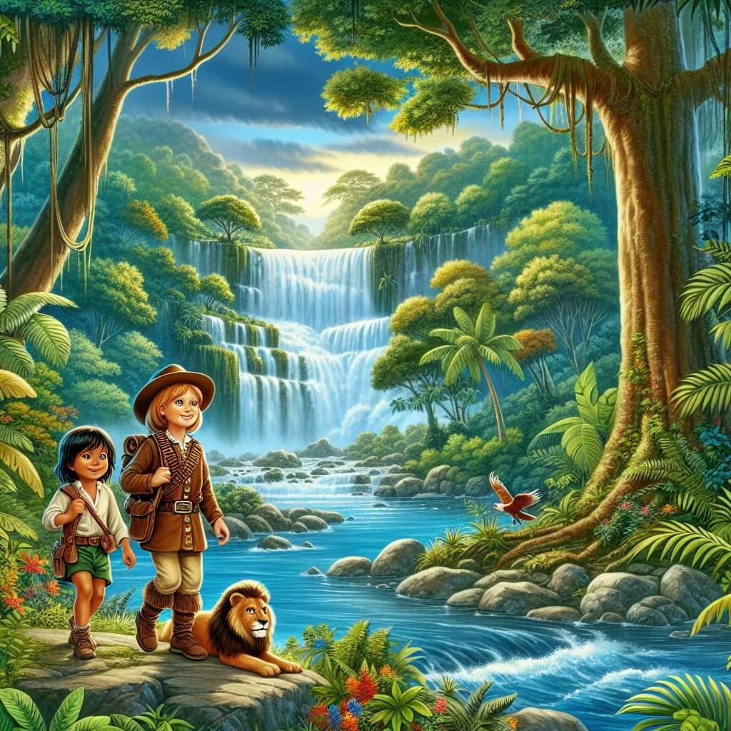 Une illustration destinée aux enfants représentant une jeune exploratrice courageuse, accompagnée d'un autochtone amical, se trouvant au cœur d'une luxuriante forêt tropicale où une cascade majestueuse se déverse dans une rivière scintillante.