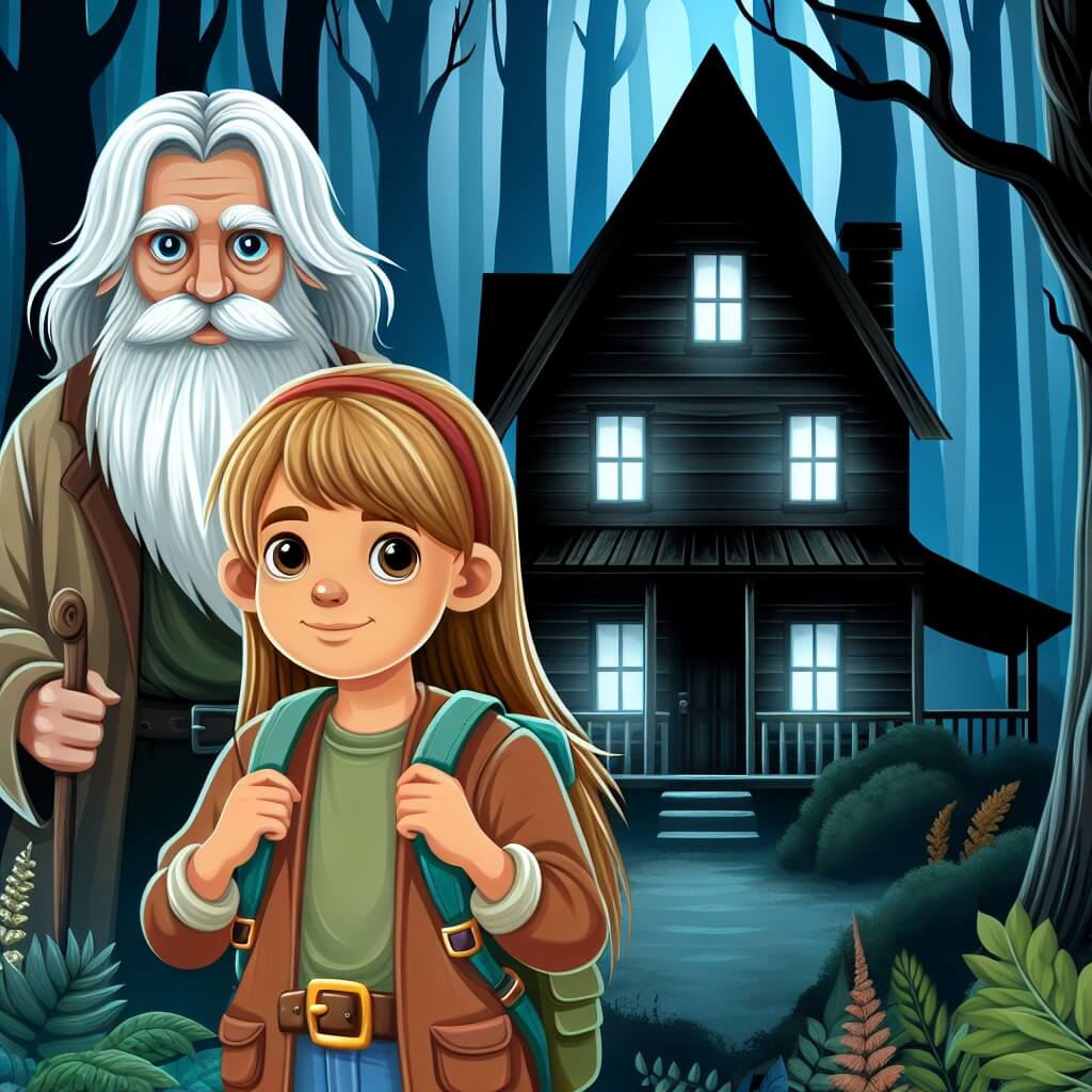 Une illustration destinée aux enfants représentant une jeune fille courageuse et curieuse, se trouvant face à une maison abandonnée et effrayante, avec un mystérieux gardien à la barbe blanche, dans une forêt sombre et pleine de mystères.