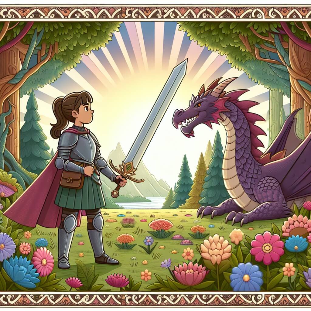 Une illustration destinée aux enfants représentant une chevalière courageuse, debout fièrement avec son épée étincelante, faisant face à un dragon majestueux dans une forêt enchantée, entourée de fleurs colorées et de rayons de soleil filtrant à travers les arbres.