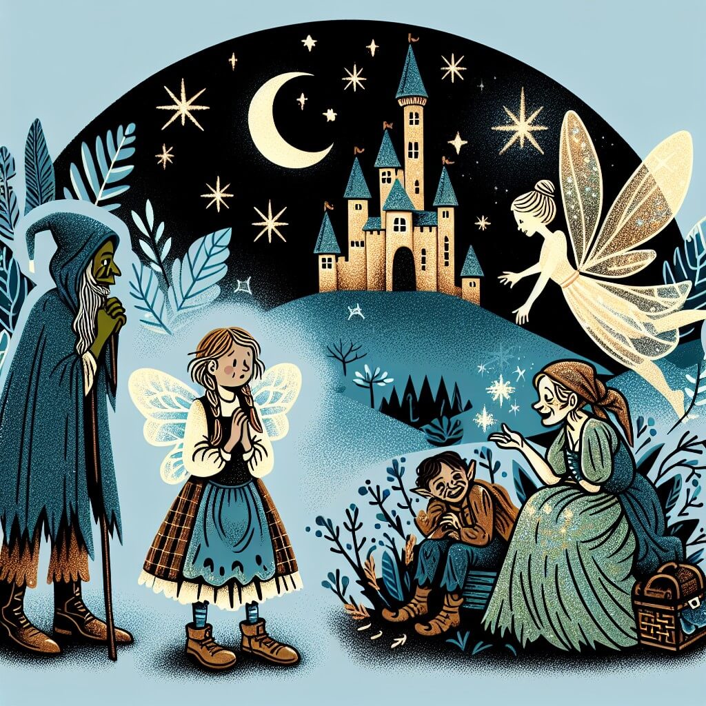 Une illustration destinée aux enfants représentant une jeune fille au cœur pur, vêtue de haillons, qui est maltraitée par sa méchante belle-mère et ses deux horribles demi-sœurs dans un sombre château perché au sommet d'une colline, tandis qu'une mystérieuse fée aux ailes scintillantes veille sur elle depuis les cieux étoilés.