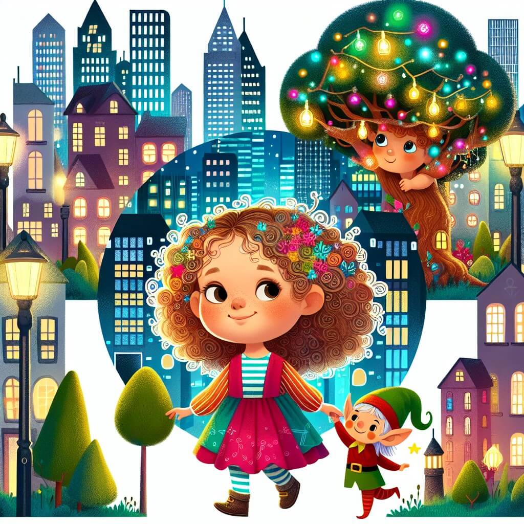Une illustration destinée aux enfants représentant une jeune fille aux cheveux bouclés, vêtue d'une robe colorée, explorant une ville enchantée où les gratte-ciel sont des arbres géants et les rues sont illuminées par des lanternes magiques, accompagnée d'un petit elfe malicieux.