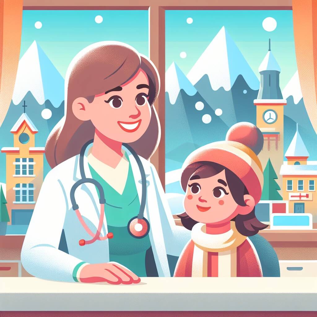 Une illustration destinée aux enfants représentant une femme médecin passionnée, accompagnée d'une petite patiente curieuse, dans un studio médical coloré et chaleureux situé au cœur de la charmante ville de Montebianco, entouré de montagnes enneigées.