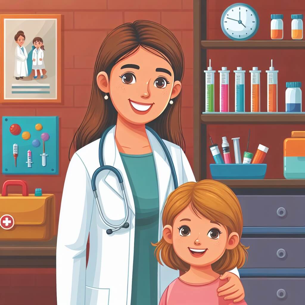 Une illustration destinée aux enfants représentant une femme médecin souriante, accompagnée d'une jeune fille curieuse, dans un studio médical coloré et chaleureux avec des étagères remplies d'instruments médicaux et des affiches éducatives accrochées aux murs.