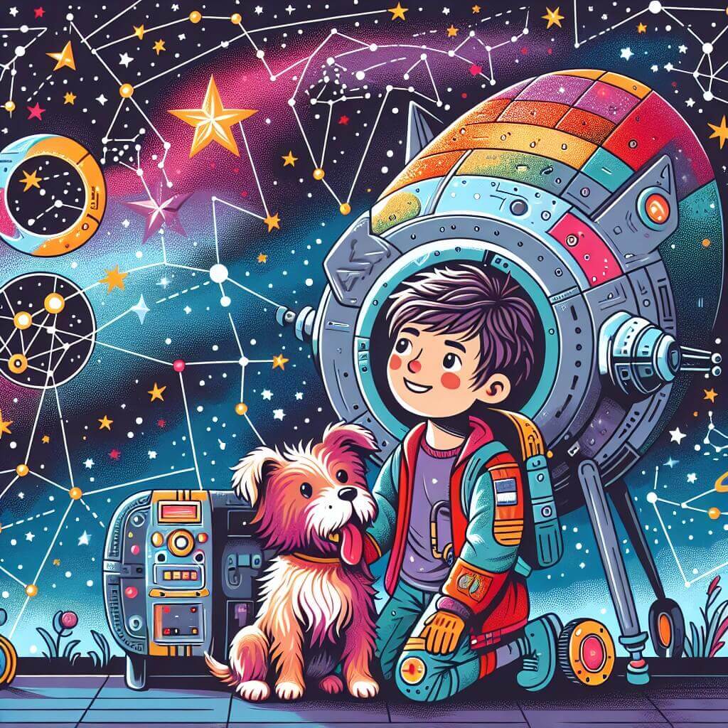 Une illustration destinée aux enfants représentant un jeune homme passionné d'aventure spatiale, accompagné de son fidèle chien, explorant les confins colorés d'une navette spatiale étincelante au milieu d'un ciel étoilé rempli de constellations scintillantes.