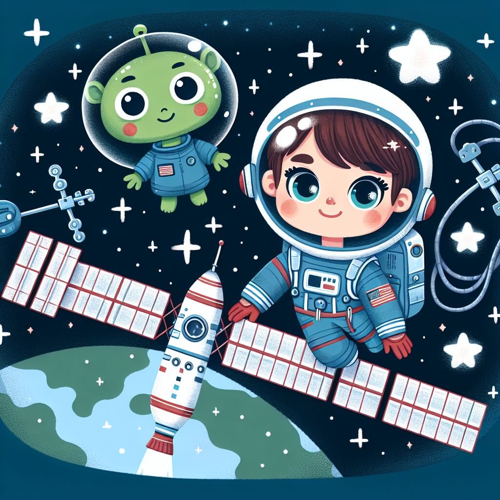 Une illustration destinée aux enfants représentant une jeune astronaute courageuse, flottant dans l'espace, accompagnée d'un adorable alien vert, à bord de la Station Spatiale Internationale, entourée d'étoiles scintillantes et de la Terre en arrière-plan.