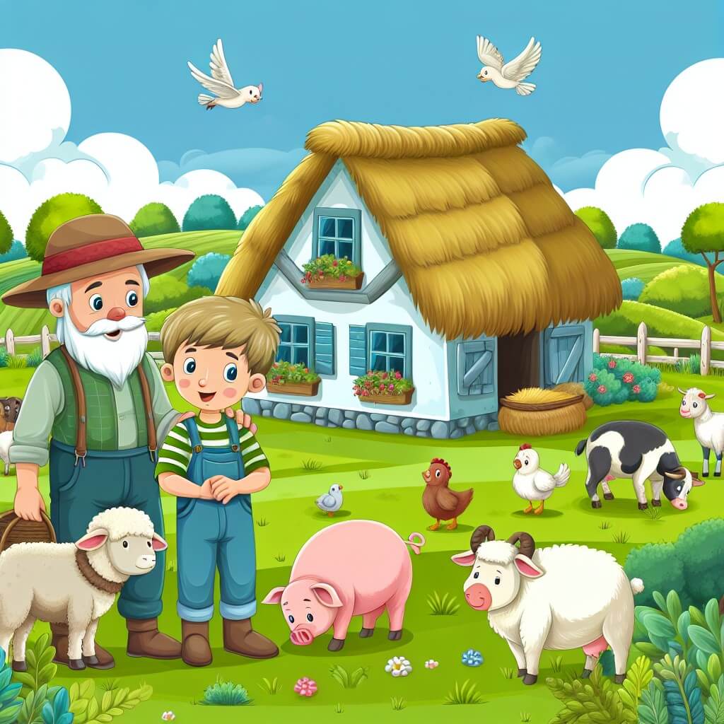 Une illustration destinée aux enfants représentant un jeune homme passionné par la vie à la ferme, accompagné d'un vieux fermier bienveillant, dans une charmante petite ferme au toit de chaume, entourée de champs verdoyants et d'animaux joyeux.