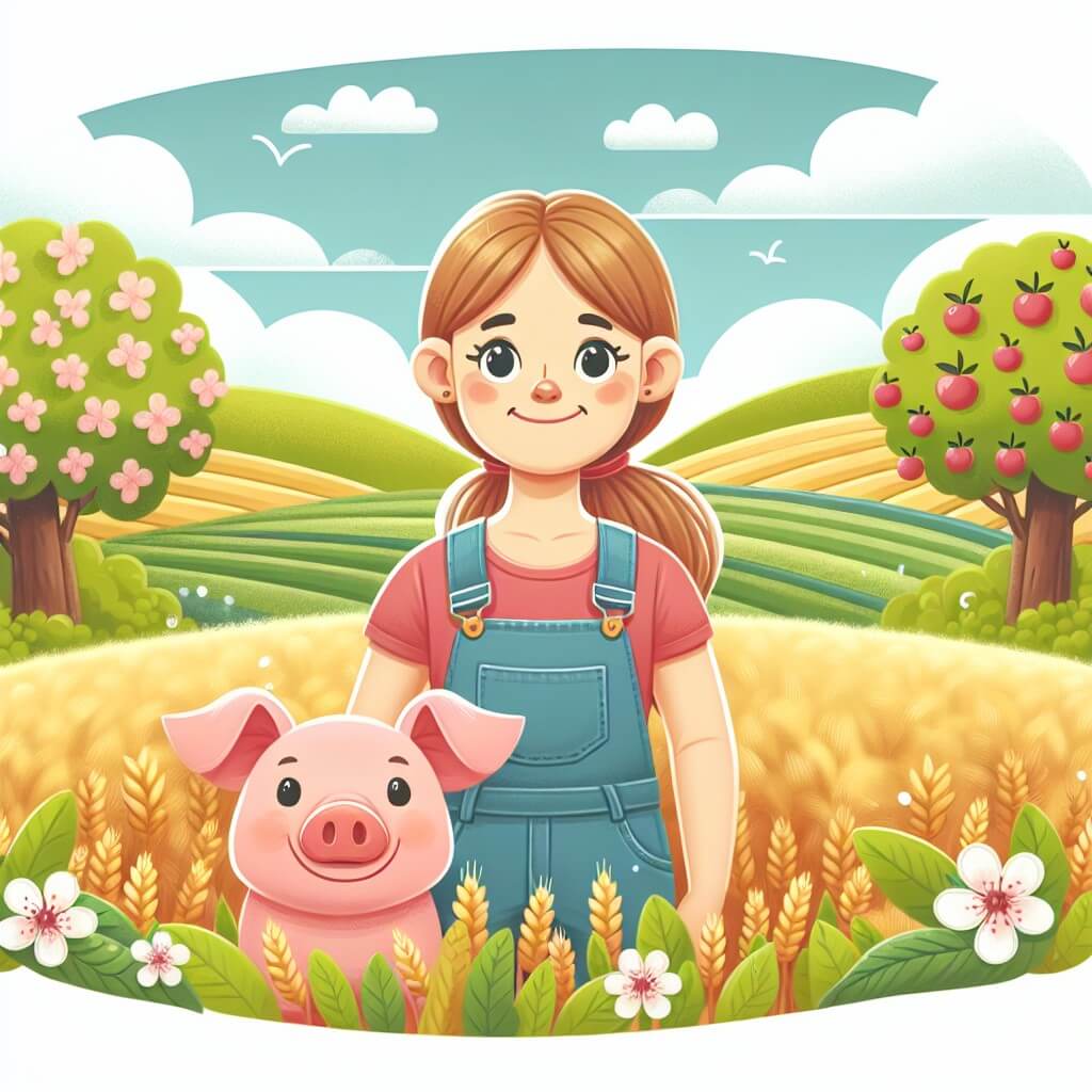Une illustration destinée aux enfants représentant une femme souriante, vêtue d'une salopette, debout dans un champ de blé doré, avec un adorable cochon rose à ses côtés, dans une ferme entourée de collines verdoyantes et d'arbres fruitiers en fleurs.