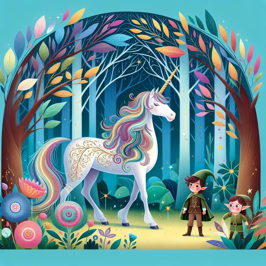 Une illustration destinée aux enfants représentant une magnifique licorne qui se trouve dans une forêt enchantée, accompagnée d'un petit elfe, dans un lieu où les arbres brillent de mille couleurs et les fleurs dansent au rythme du vent.
