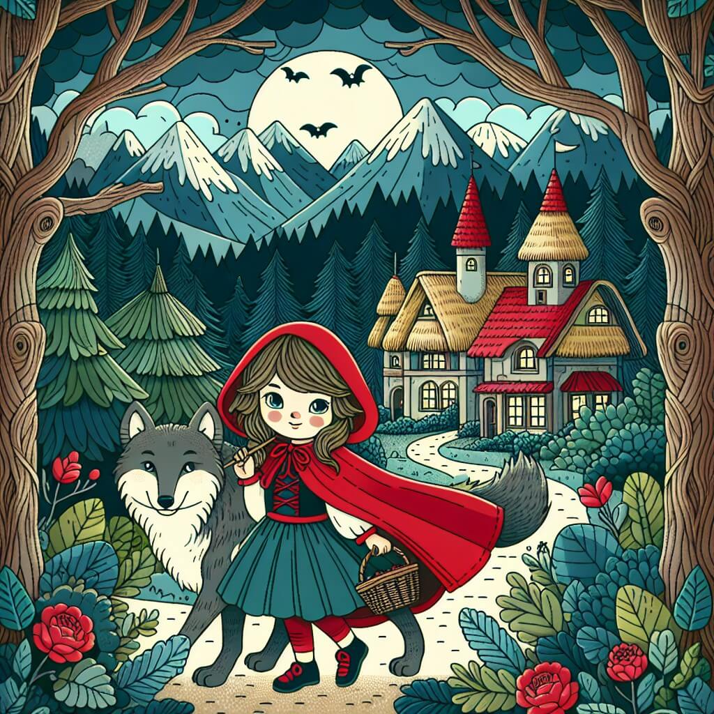Une illustration destinée aux enfants représentant une jeune fille vêtue d'une cape rouge, traversant un sombre et mystérieux bois enchanté, accompagnée d'un loup bienveillant, dans un village pittoresque au milieu de montagnes verdoyantes et de maisons aux toits de chaume.