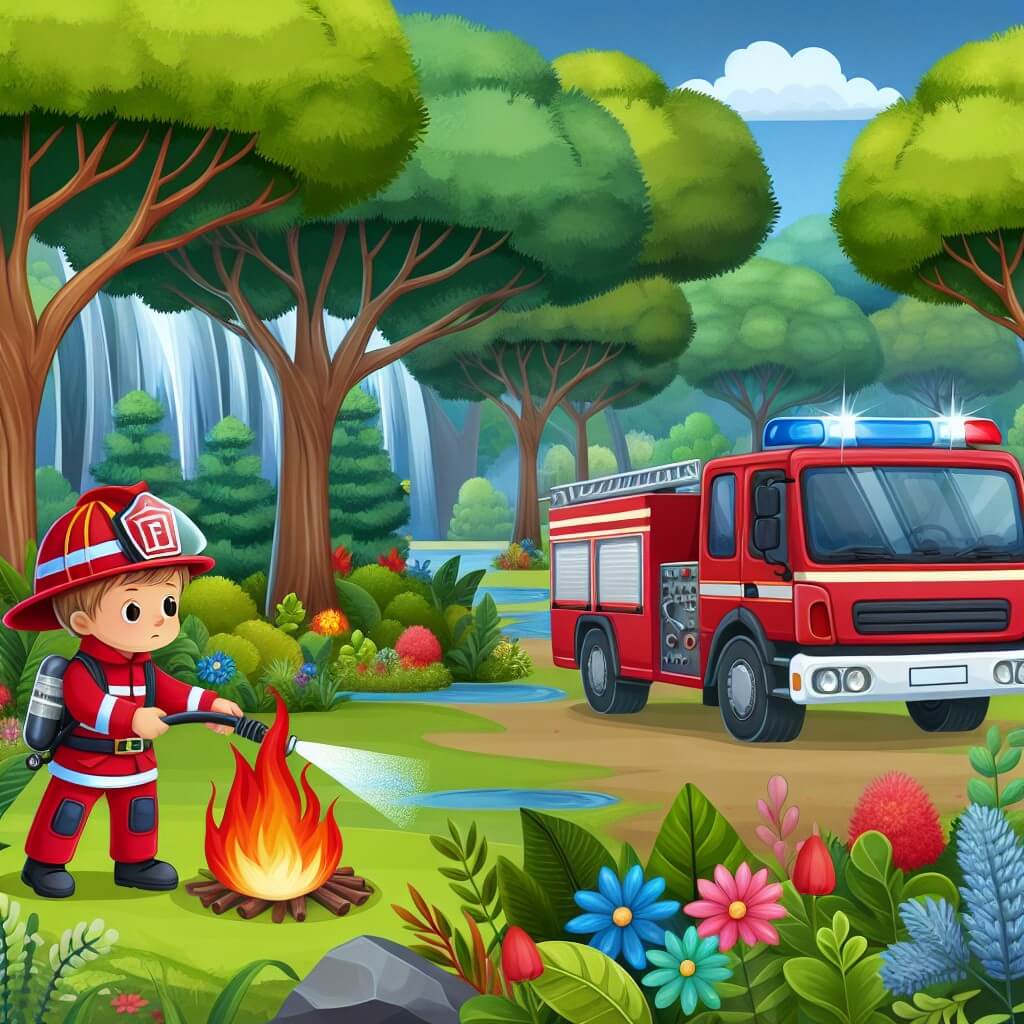Une illustration destinée aux enfants représentant un pompier courageux, vêtu d'une combinaison rouge et d'un casque brillant, combattant un incendie dans un parc verdoyant entouré d'arbres majestueux et de fleurs colorées, avec en arrière-plan un camion de pompiers rouge vif.