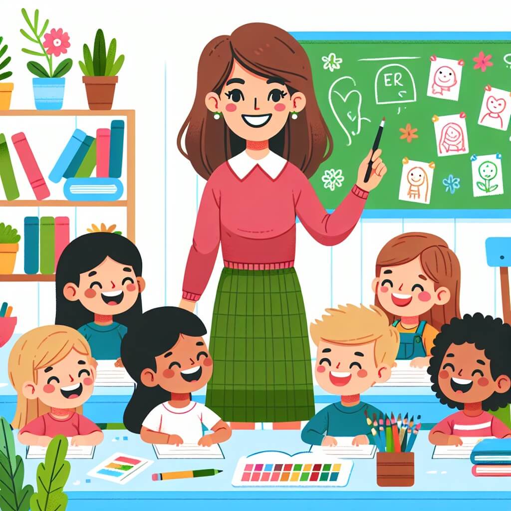 Une illustration destinée aux enfants représentant une institutrice souriante, entourée d'une classe joyeuse, dans une salle de classe colorée remplie de livres, de dessins et de plantes vertes.