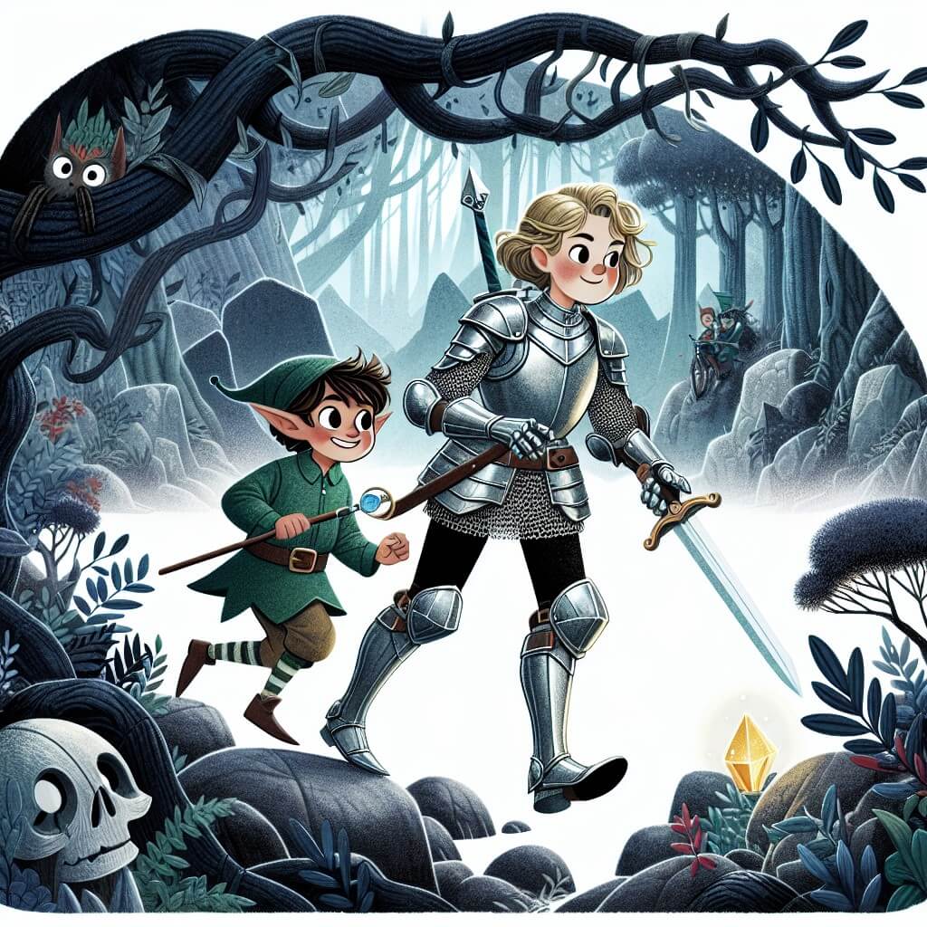 Une illustration destinée aux enfants représentant une jeune chevalière courageuse, en armure étincelante, accompagnée d'un elfe malicieux, dans une forêt sombre et mystérieuse, en quête d'une pierre magique pour sauver son royaume.