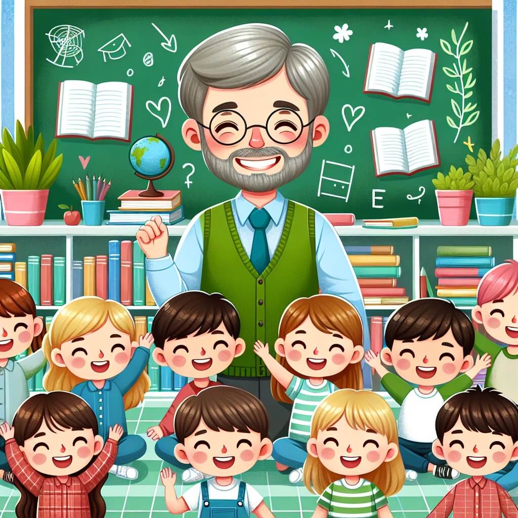 Une illustration destinée aux enfants représentant un instituteur bienveillant, entouré de joyeux élèves, dans une salle de classe colorée remplie de livres, de tableaux et de plantes vertes.