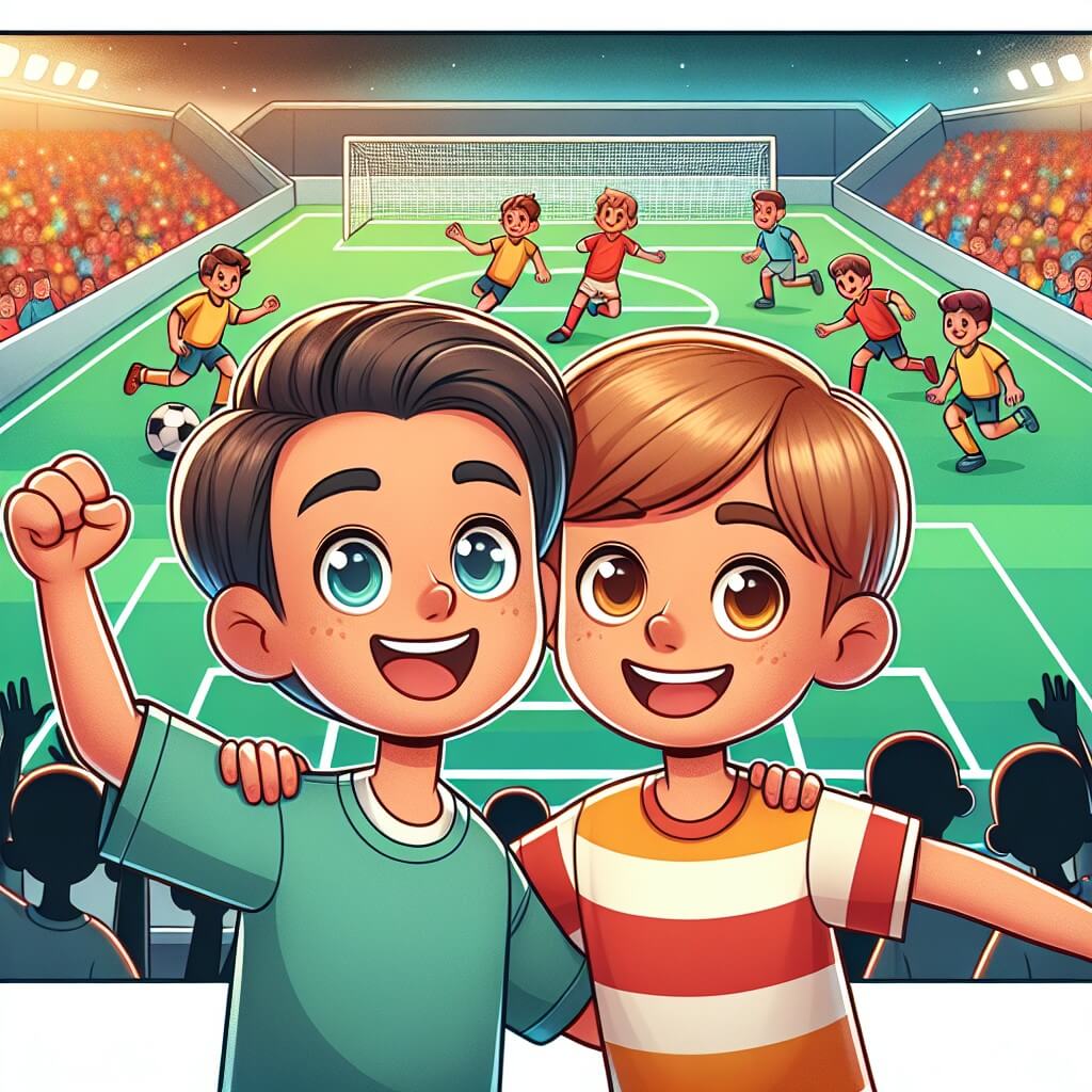 Une illustration destinée aux enfants représentant un jeune homme passionné de football, qui fait équipe avec son meilleur ami, un garçon aux cheveux bruns et aux yeux brillants, dans un stade coloré, rempli de supporters enthousiastes, où se déroulent des matchs palpitants.