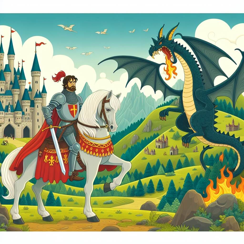 Une illustration destinée aux enfants représentant un chevalier courageux, se tenant droit et fier sur un cheval majestueux, prêt à affronter un maléfique dragon crachant du feu, dans un royaume enchanté rempli de châteaux imposants et de collines verdoyantes.