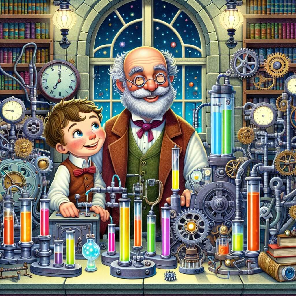 Une illustration destinée aux enfants représentant un inventeur barbu et souriant, entouré de ses étranges machines, avec un jeune garçon curieux à ses côtés, dans un laboratoire rempli de tubes colorés, d'engrenages étincelants et de livres empilés, éclairé par la lumière tamisée des grandes fenêtres donnant sur un jardin fleuri.