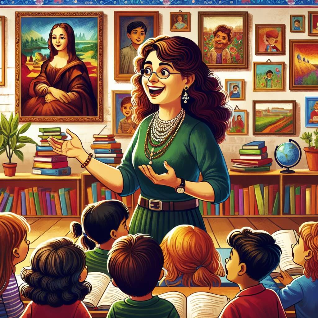 Une illustration destinée aux enfants représentant une institutrice passionnée, entourée de ses élèves curieux, dans une salle de classe colorée et chaleureuse remplie de livres, de tableaux accrochés aux murs et de plantes verdoyantes, où l'apprentissage est synonyme de joie et d'aventure.