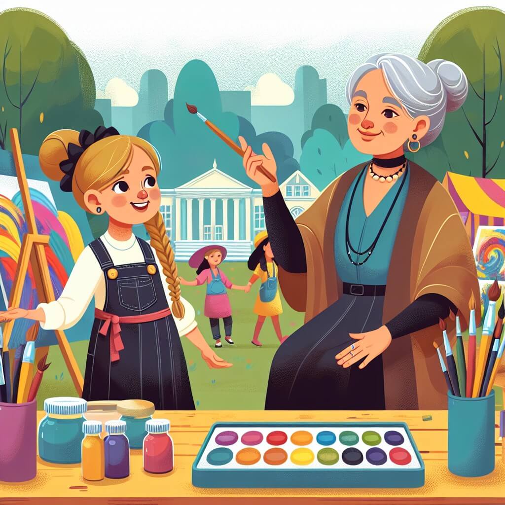 Une illustration destinée aux enfants représentant une artiste talentueuse et passionnée qui découvre le monde de l'art lors d'une exposition colorée dans un parc, accompagnée par une élégante femme aux cheveux grisonnants, dans un studio rempli de couleurs vives et de pinceaux de toutes sortes.