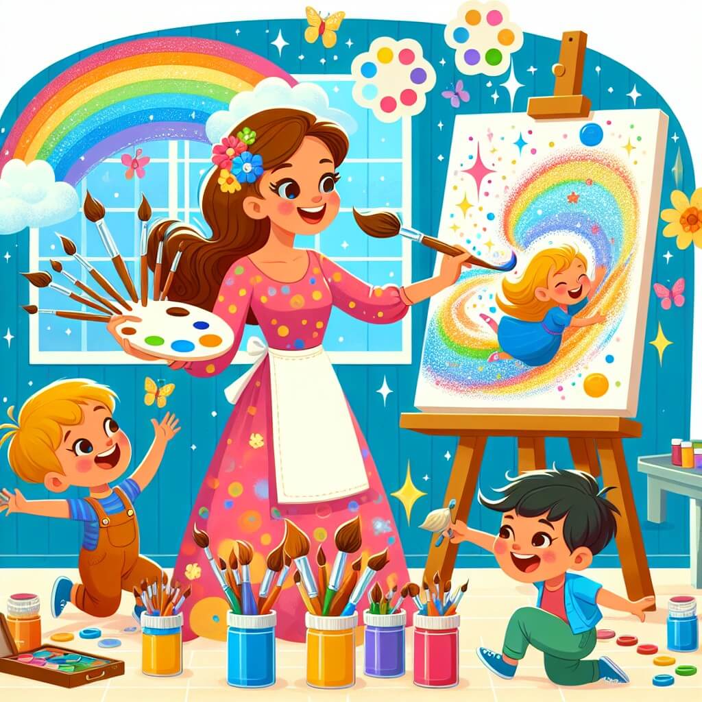 Une illustration destinée aux enfants représentant une artiste talentueuse, vêtue d'une robe multicolore, en train de peindre des tableaux magiques avec des enfants joyeux, dans un atelier lumineux rempli de pinceaux, de toiles colorées et de pots de peinture étincelants.
