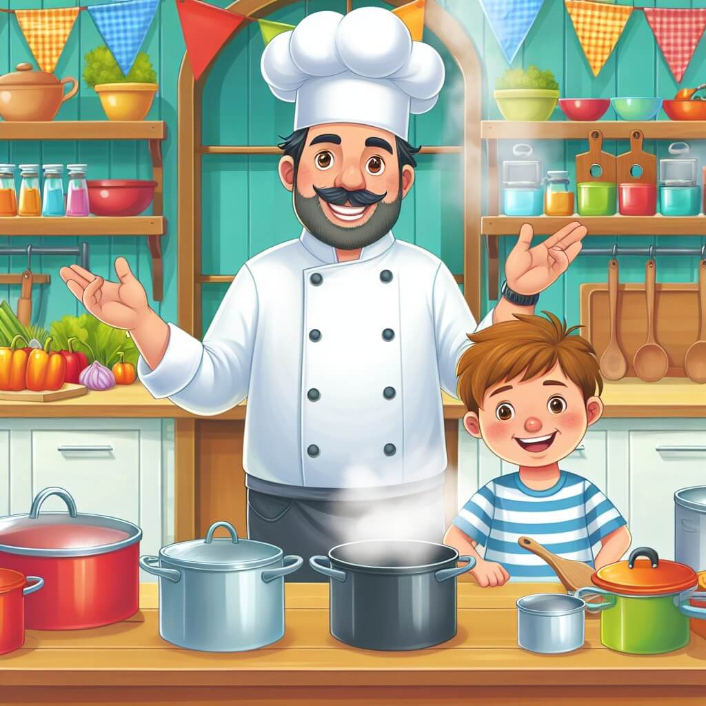 Une illustration destinée aux enfants représentant un chef cuisinier passionné, se tenant derrière un comptoir en bois, entouré de casseroles et de poêles colorées, dans une cuisine lumineuse remplie d'odeurs appétissantes, avec un jeune garçon enthousiaste à ses côtés, prêt à découvrir les merveilles culinaires.