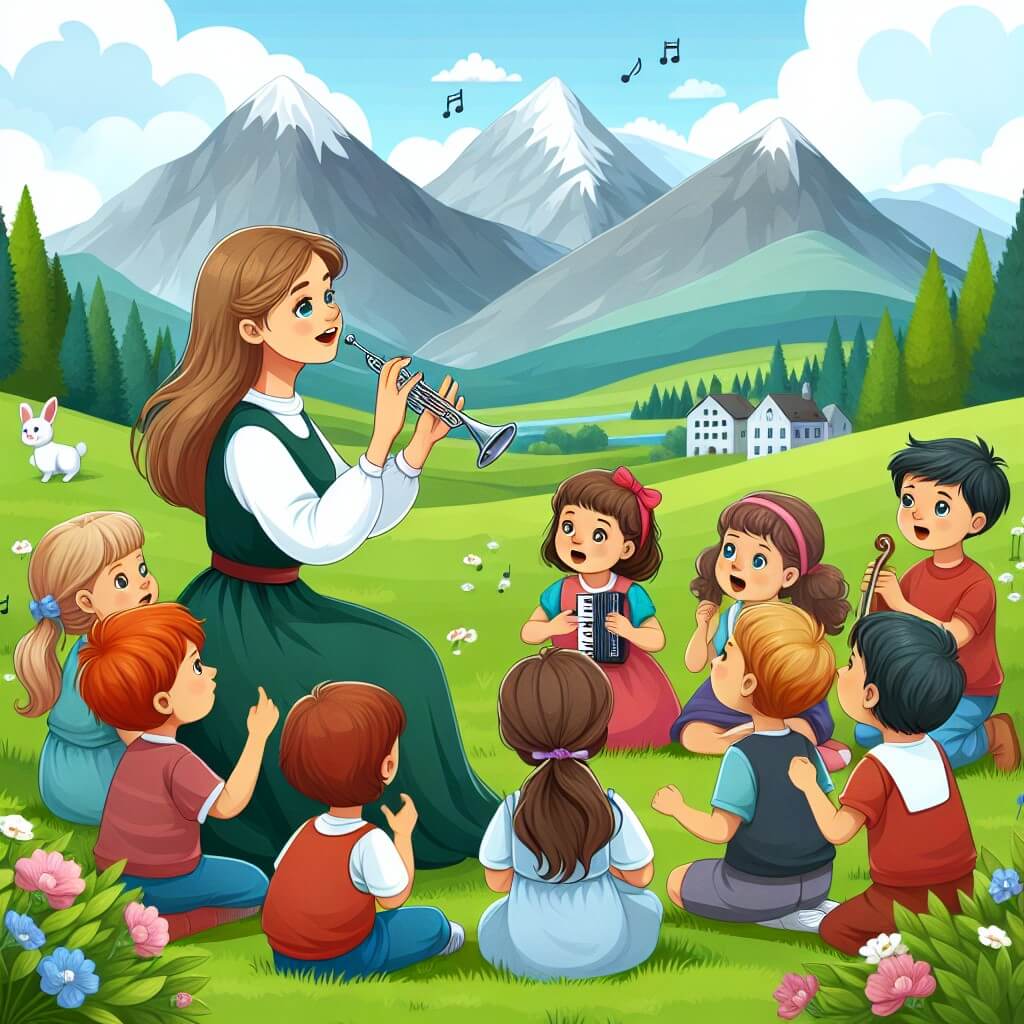 Une illustration destinée aux enfants représentant une jeune femme passionnée par la musique, entourée d'enfants curieux, dans un magnifique parc verdoyant avec des montagnes majestueuses en toile de fond.